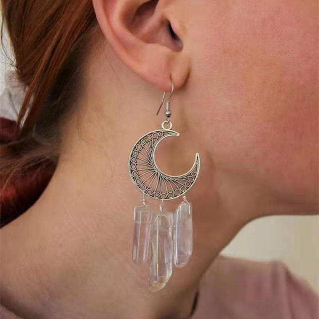 Natural clear pink crystal tassel hollow moon dangle earrings