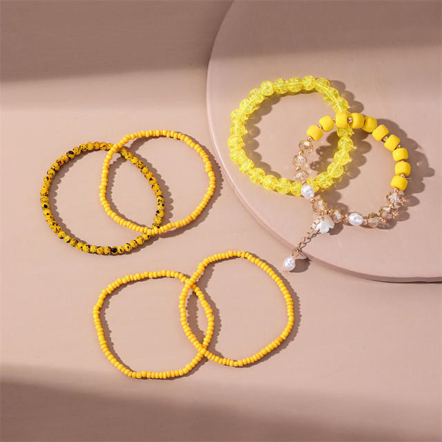Boho yellow color seed beads 6pcs bracelet set