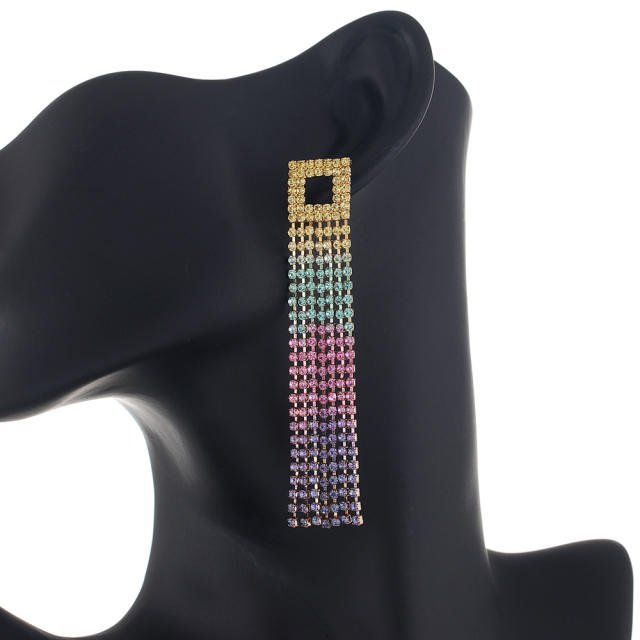 Colorful rhinestone pave setting long tassel earrings