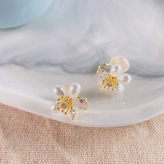 CZ pearl flower clip on earrings