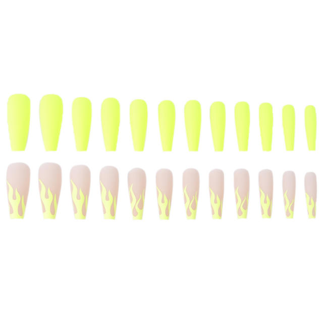 Frosted fluorescent yellow flame false nails