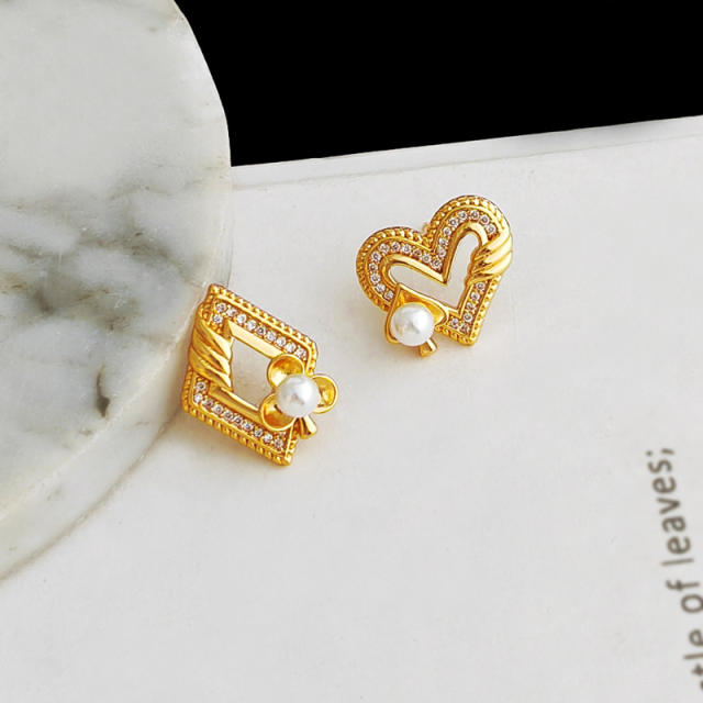 Copper plated gold sterling silver needle elegant asymmetry stud earrings