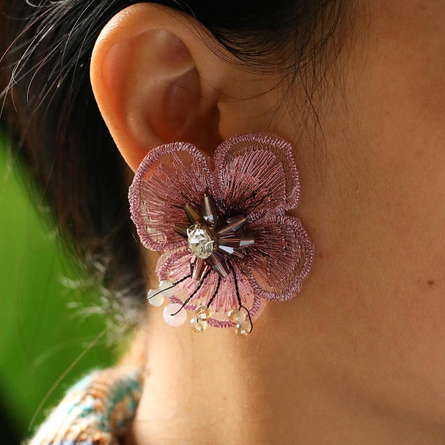 Occident fashion embroidery flower crystal woven earrings