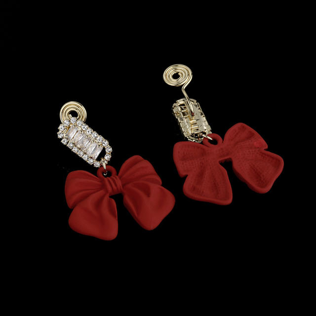 Color bow rhinestone drop earrings clip on earrings