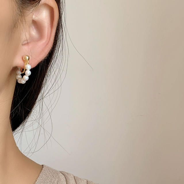 Pearl beaded hoop clip on earrings