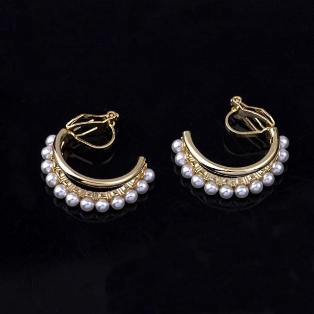 Pearl beaded open Hoop clip on earrings