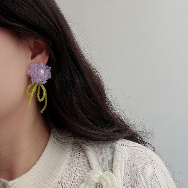 Korean fashion beaded flower dangle earrings for women