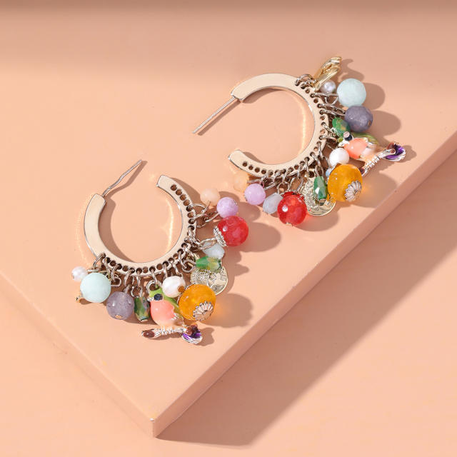 Colorful stone cyrstal cute bird tassel open hoop earrings