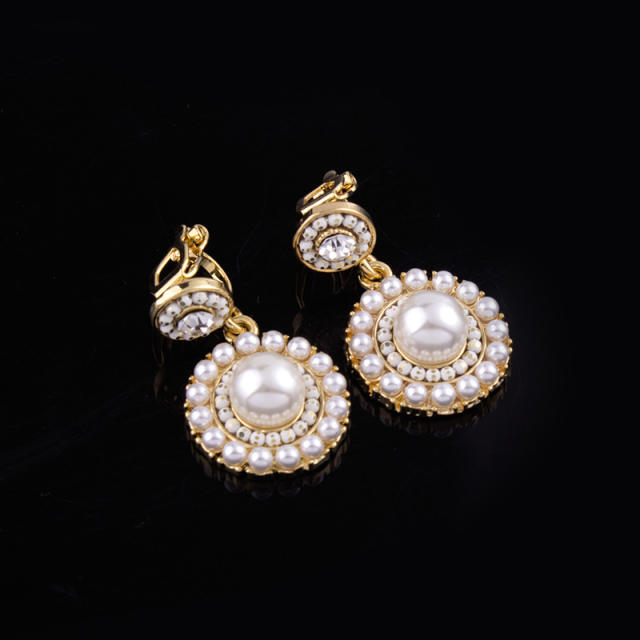 Pearl beaded round charm drop earrings clip on earrings