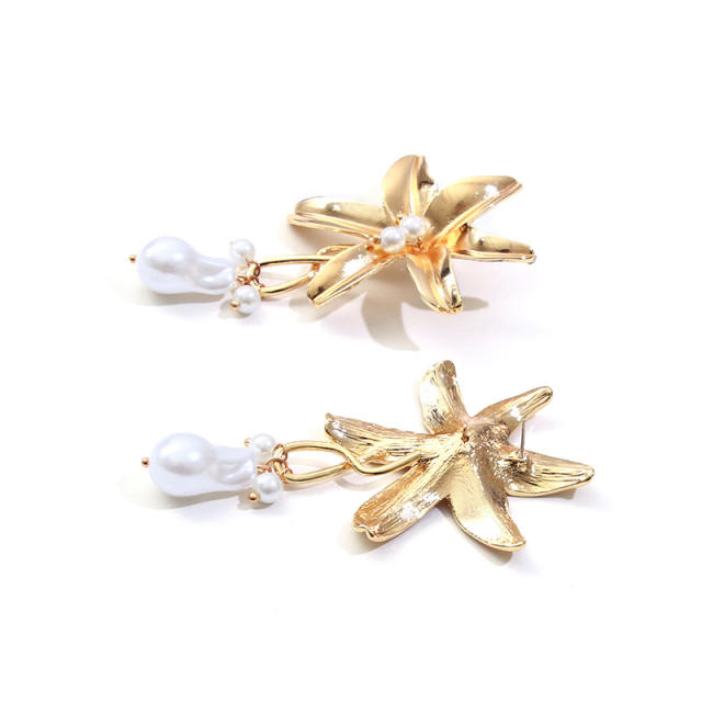 Wish hot sale metal bloom flower pearl drop earrings