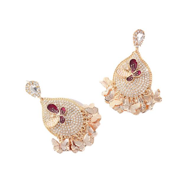 Pave setting rhinestone butterfly dangle earrings