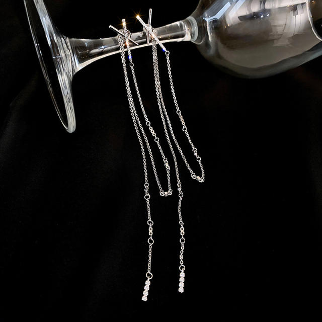 Silver needle cubic zircon tassel cross long earrings
