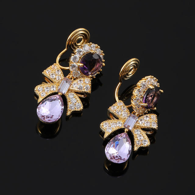Diamond bow amethyst drop earrings clip on earrings