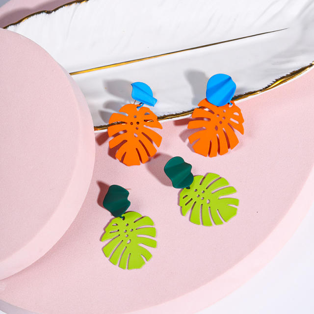 Korean fashion macaron color hollow leaves ear studs