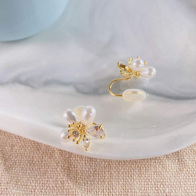 CZ pearl flower clip on earrings