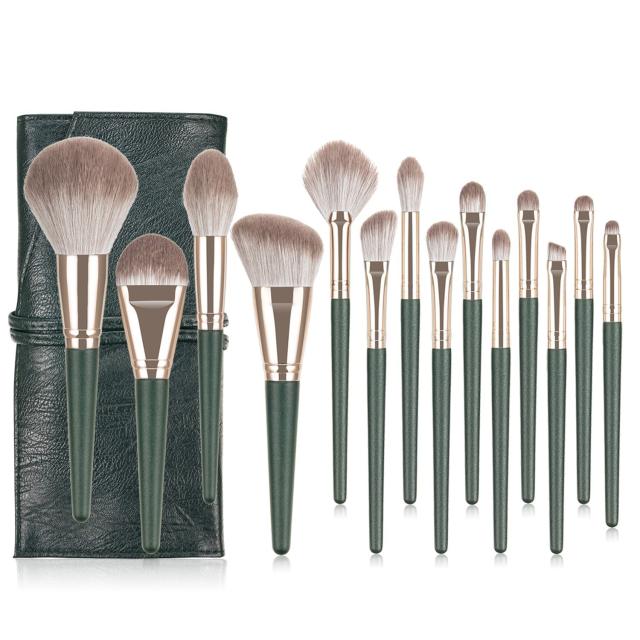 14pcs deep green color makeup brushes set