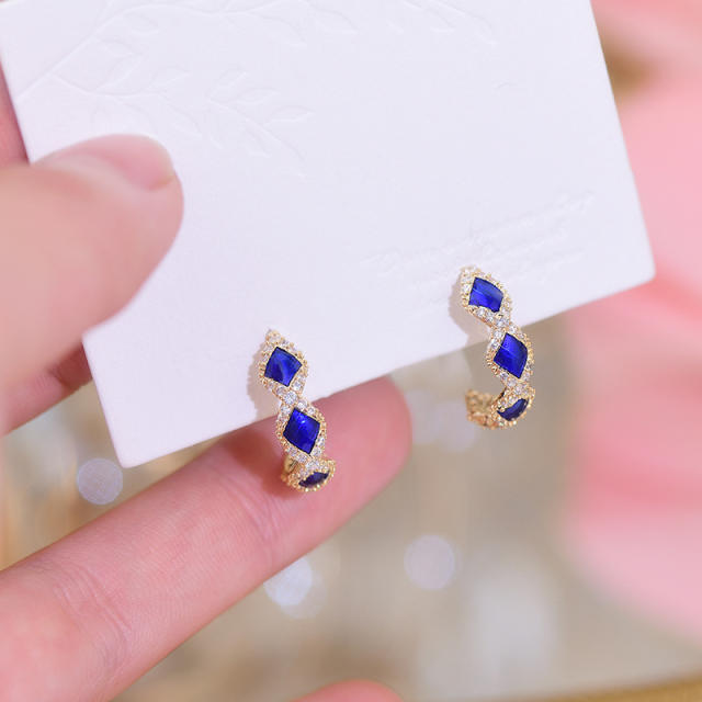 Vintage sapphire blue cubic zircon open hoop earrings