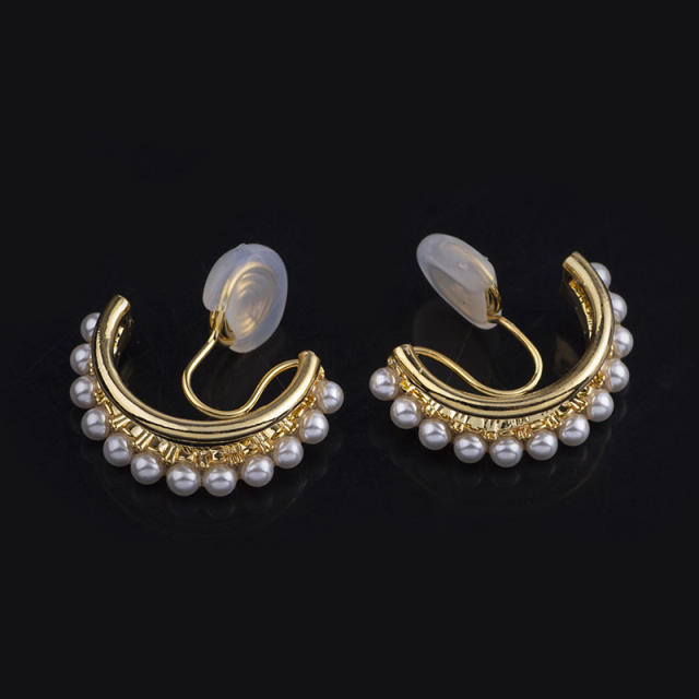 Pearl beaded open Hoop clip on earrings