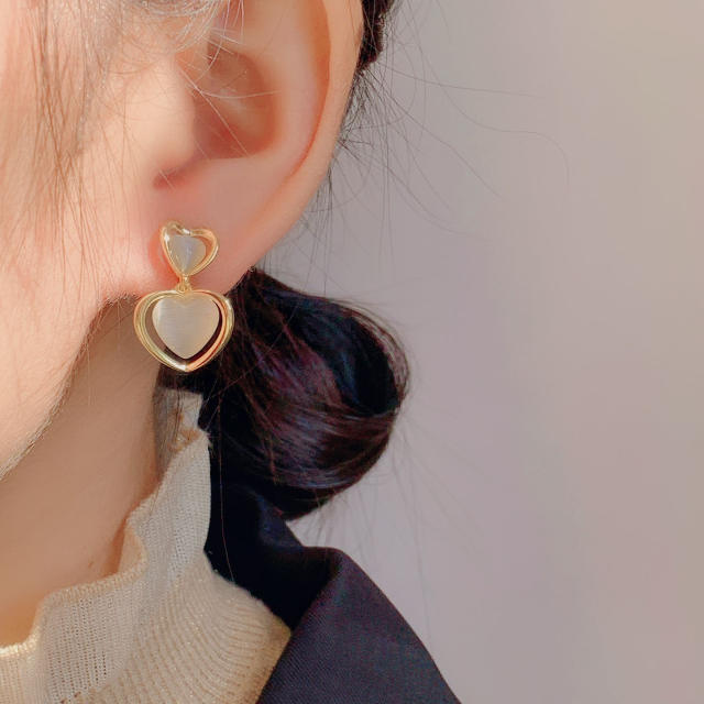 Opal heart drop earrings clip on earrings