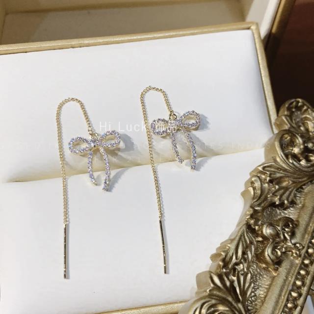 S925 sterling silver needle diamond bow threader earrings