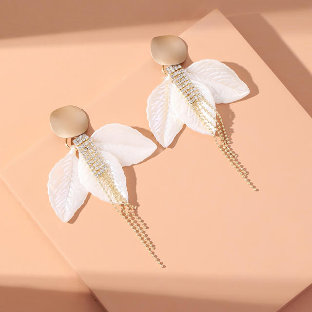 Cubic zircon tassel white leaf women earrings