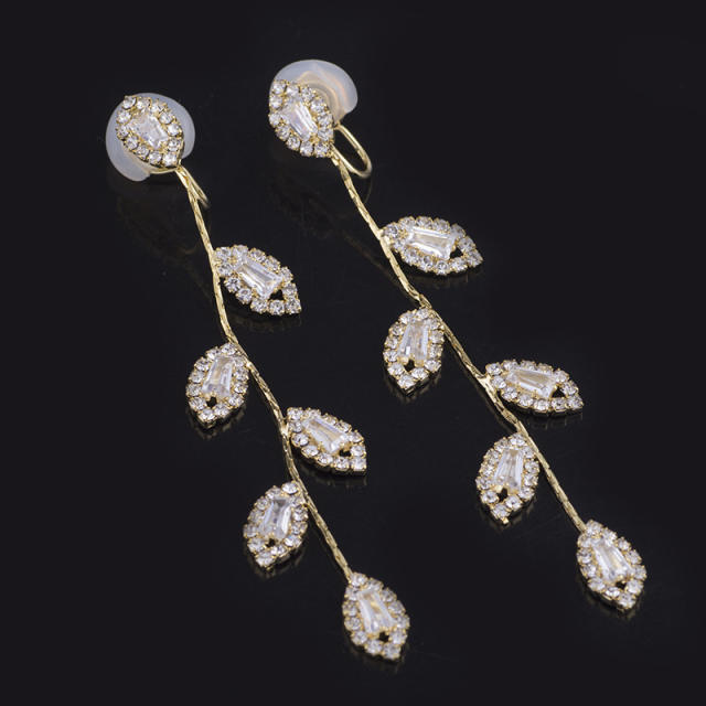 Diamond leaf dangle earrings clip on earrings