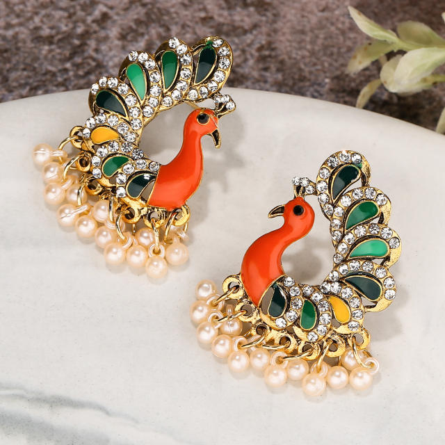 Color enamle peacock tassel earrings