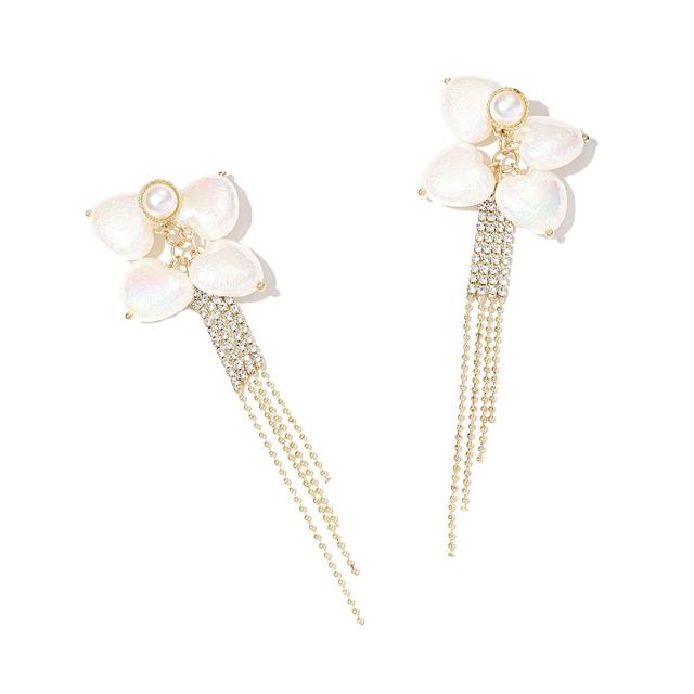 Hot sale white color cubic zircon tassel pearl earrings
