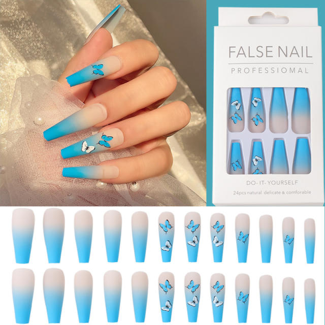 Blue color butterfly frosted false nails