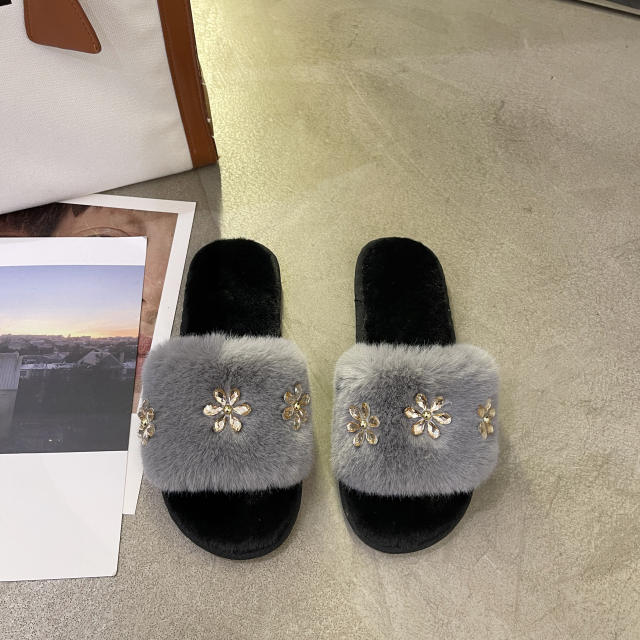 2022 rhinestone flower fluffy slippers