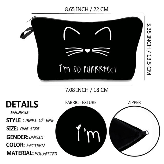 Black color kitty pattern cosmetic bag