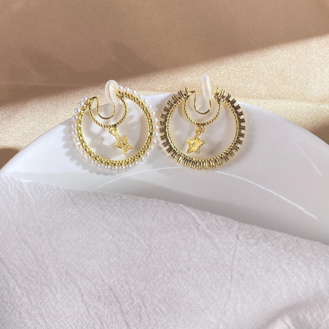 Pearl beaded CZ star hoop clip on earrings
