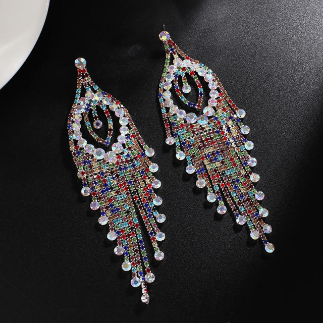 Creative rhinestone tassel long earrings