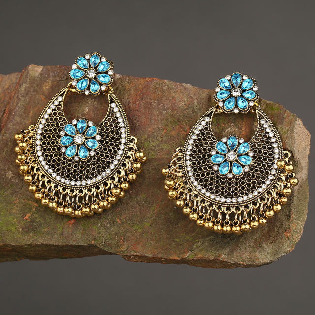 Vintage bell tassel color rhinestone hollow jhumka earrings