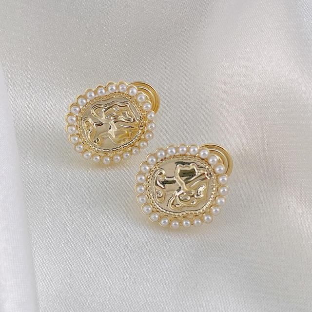 Portrait pearl beaded oval clip on earrings