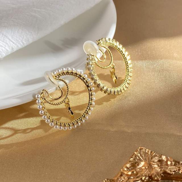 Pearl beaded CZ star hoop clip on earrings