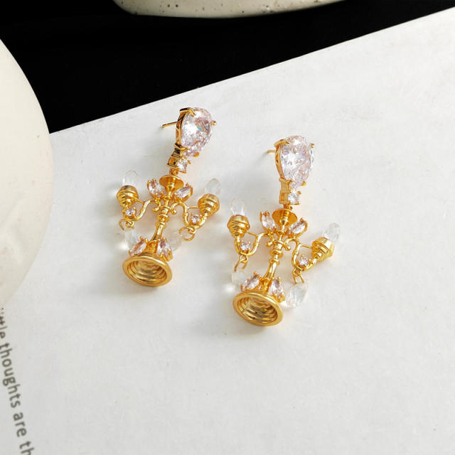 Copper plated real gold sterling silver needle glass chandelier earrings