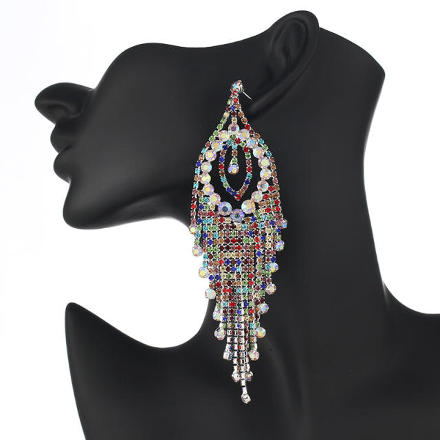 Creative rhinestone tassel long earrings