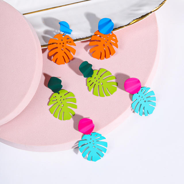 Korean fashion macaron color hollow leaves ear studs