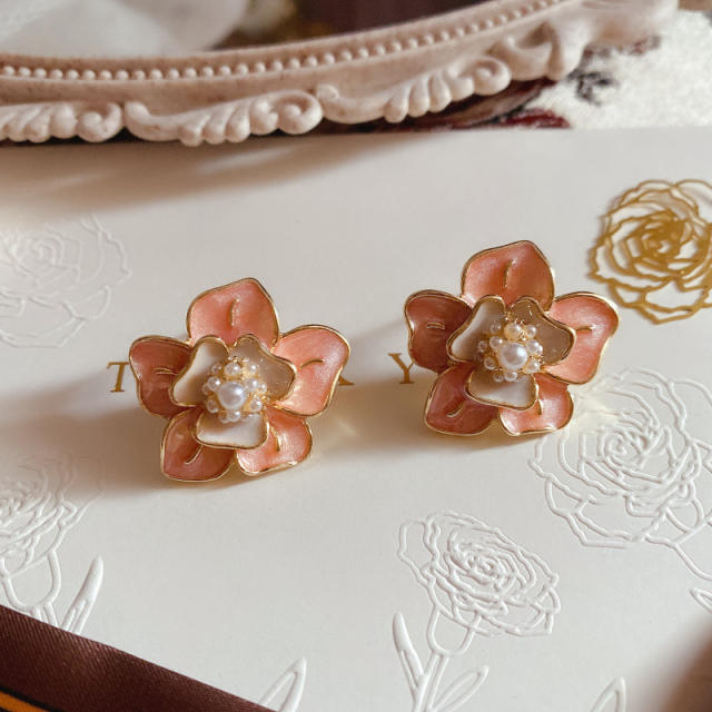 925 needle enamel bloom flower baroque pearl ear studs