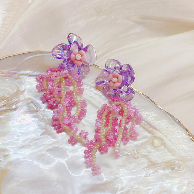 Korean fashion purple color beaded flower earrings