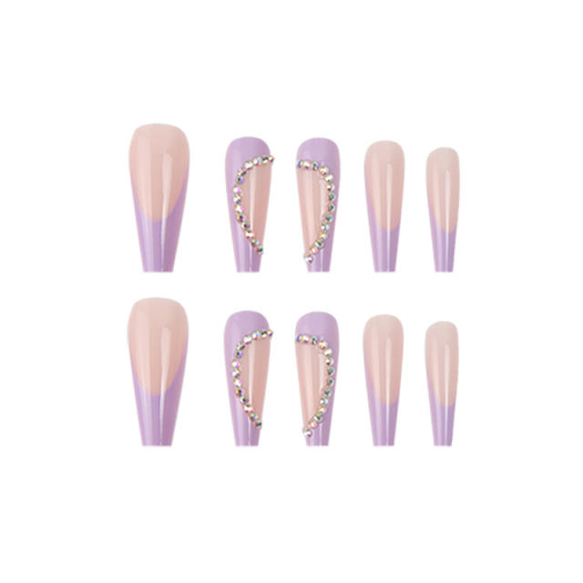 Light purple color rhinestone false nails