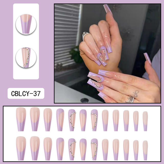 Light purple color rhinestone false nails