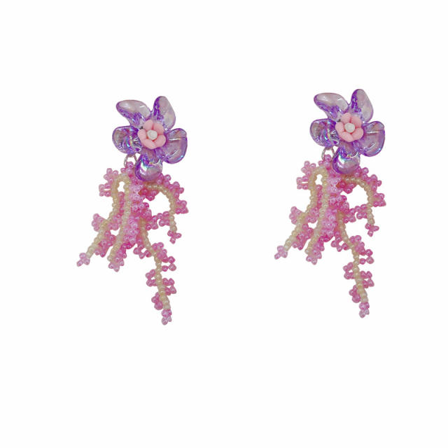 Korean fashion purple color beaded flower earrings
