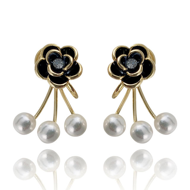 Black camellia pearl bead clip on earrings