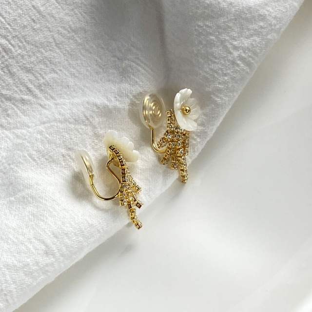 Shell flower CZ tassel clip on earrings
