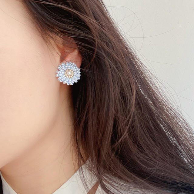 Light blue color beaded flower handmade ear studs clip on earrings
