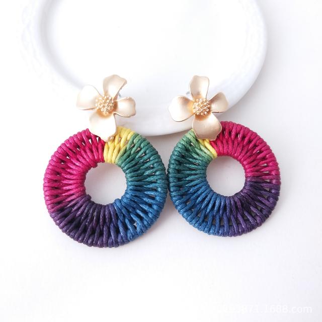 Korean hand-woven wax rope geometric shape flower earrings