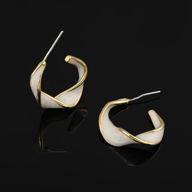 Enamel twist white hoop clip on earrings