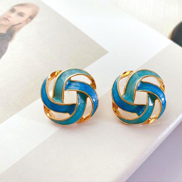 Vintage color enamel hollow round 925 needle ear studs